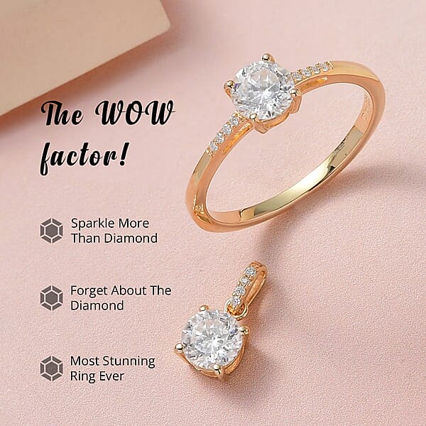 100 Facets Moissanite 1.65 Ctw Solitaire Ring And Pendant Without Chain Set In Vermeil Yellow Gold Over Sterling Silver Moissanite Solitaire Ring Jewelry Set For Her