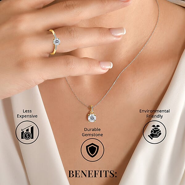 100 Facets Moissanite 1.65 Ctw Solitaire Ring And Pendant Without Chain Set In Vermeil Yellow Gold Over Sterling Silver Moissanite Solitaire Ring Jewelry Set For Her