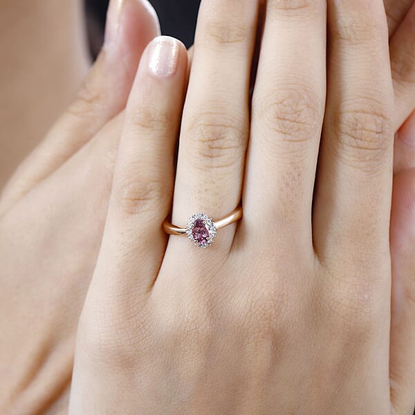 10K Rose Gold AAA Narsipatnam Pink Spinel And G-H I2 Diamond Sunburst Ring 0.60 Ctw