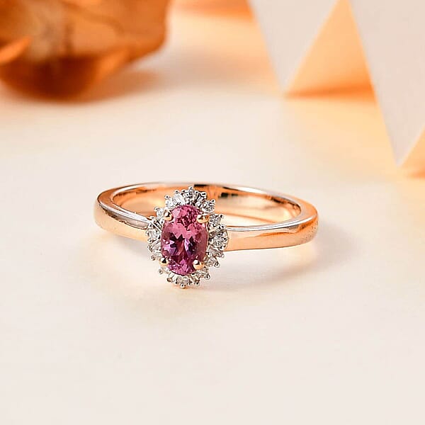 10K Rose Gold AAA Narsipatnam Pink Spinel And G-H I2 Diamond Sunburst Ring 0.60 Ctw