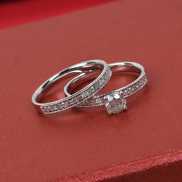 10K White Gold G-H I3 Diamond Set Of 2 Ring 0.75 Ctw