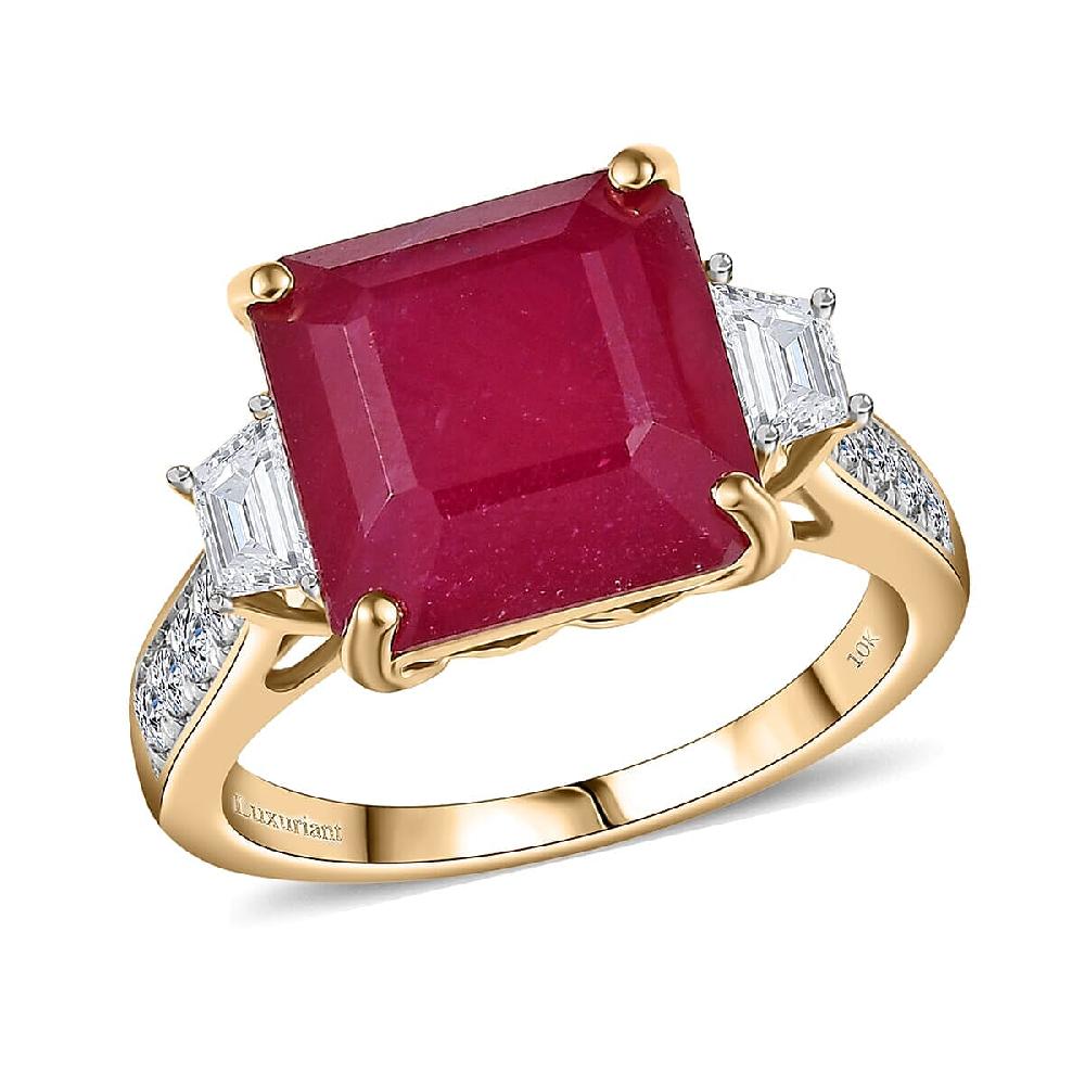 10K Yellow Gold AAA Asscher Cut Niassa Ruby Luxuriant Lab Grown Diamond (E-F VS) (0.78 cts) Ring 10.78 ctw