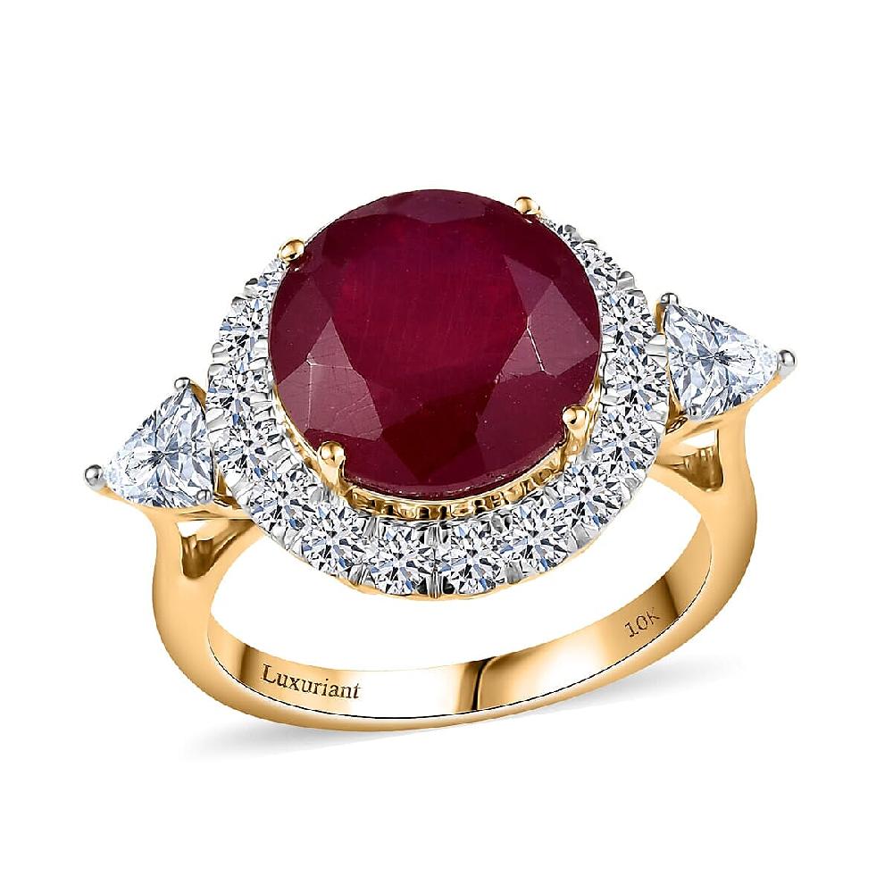 10K Yellow Gold AAA Niassa Ruby Luxuriant Lab Grown Diamond (E-F VS) (1.22 cts) Ring 8.98 ctw