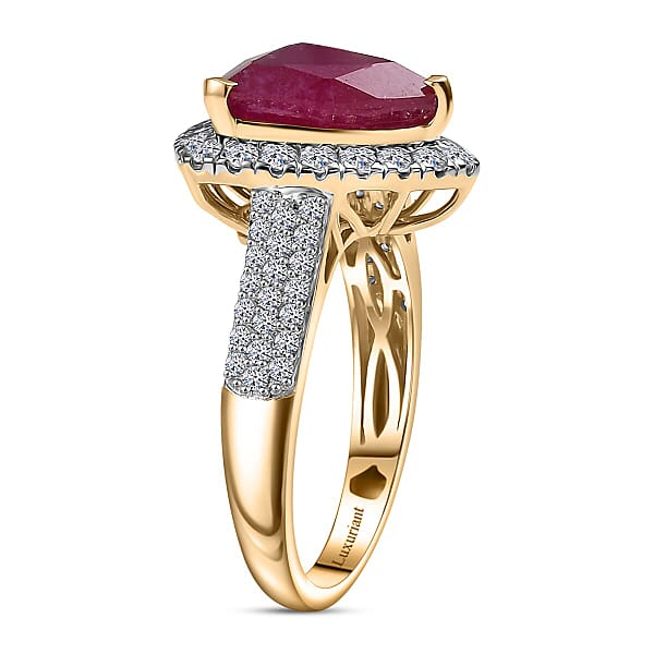 10K Yellow Gold AAA Niassa Ruby Luxuriant Lab Grown Diamond (E-F VS) (0.87 Cts) Ring 7.30 Ctw