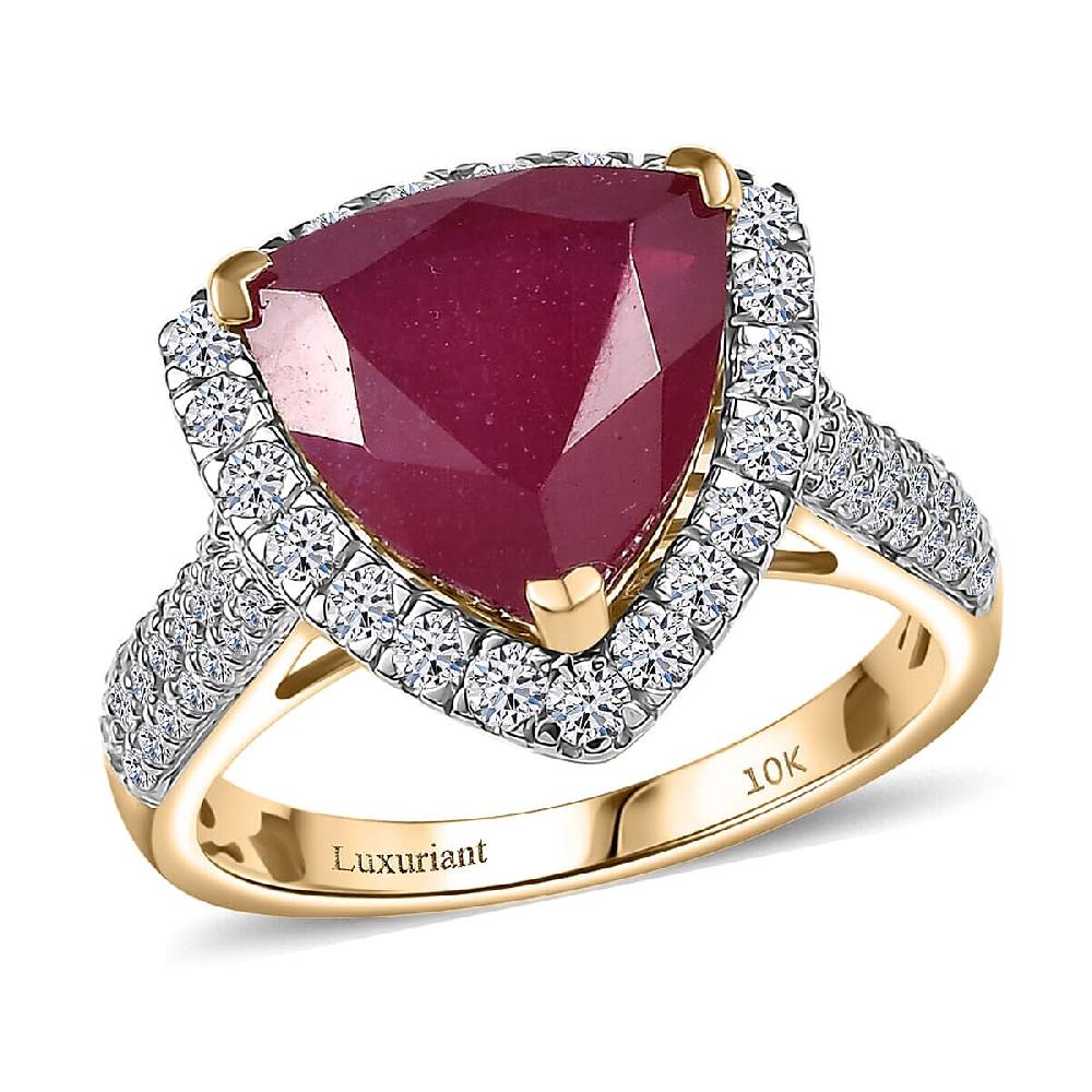 10K Yellow Gold AAA Niassa Ruby Luxuriant Lab Grown Diamond (E-F VS) (0.87 cts) Ring 7.30 ctw