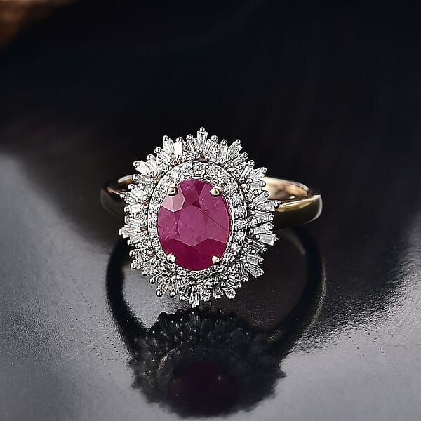 10K Yellow Gold AAA Royal Ruby Luxuriant Lab Grown Diamond (E-F VS) (0.40 Cts) Ring (Del. In 10-12 Days) (4.25 G) 3.40 Ctw