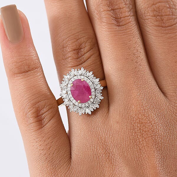 10K Yellow Gold AAA Royal Ruby Luxuriant Lab Grown Diamond (E-F VS) (0.40 Cts) Ring (Del. In 10-12 Days) (4.25 G) 3.40 Ctw