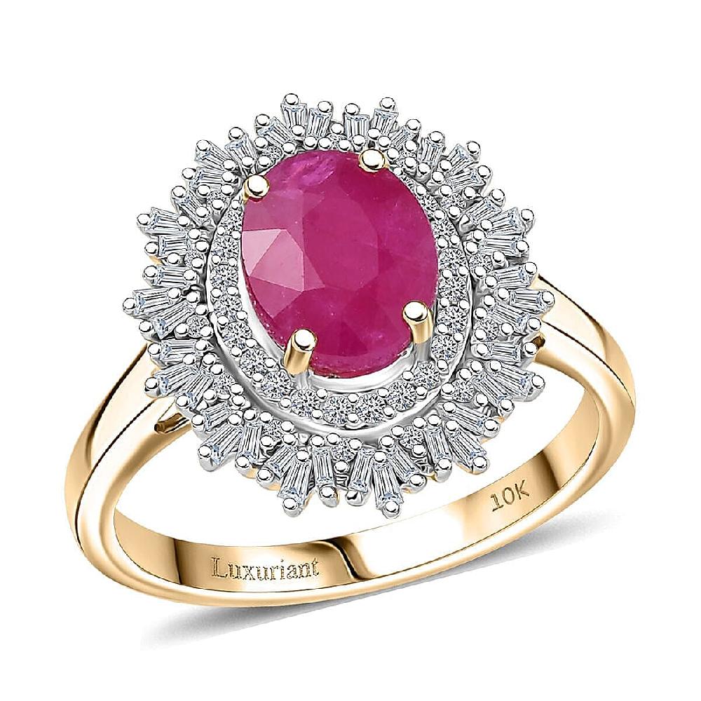 10K Yellow Gold AAA Royal Ruby Luxuriant Lab Grown Diamond (E-F VS) (0.40 cts) Ring (Del. in 10-12 Days) (4.25 g) 3.40 ctw