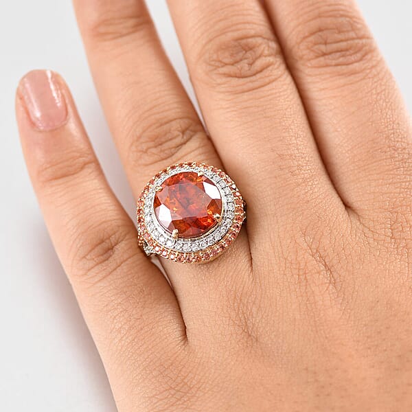 10K Yellow Gold Premium Picos Altos Sphalerite Padparadscha Sapphire And Luxuriant Lab Grown Diamond (G-H SI) (0.63 Cts) Ring 13.10 Ctw