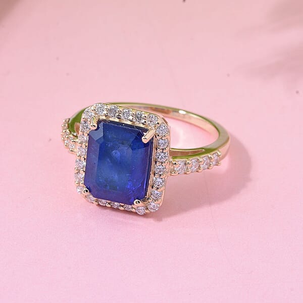 10K Yellow Gold Premium Tanzanian Blue Spinel (DF) Luxuriant Lab Grown Diamond (G-H SI) Majestic Halo Ring 4.40 Ctw