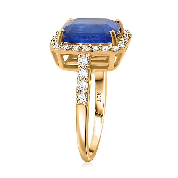 10K Yellow Gold Premium Tanzanian Blue Spinel (DF) Luxuriant Lab Grown Diamond (G-H SI) Majestic Halo Ring 4.40 Ctw
