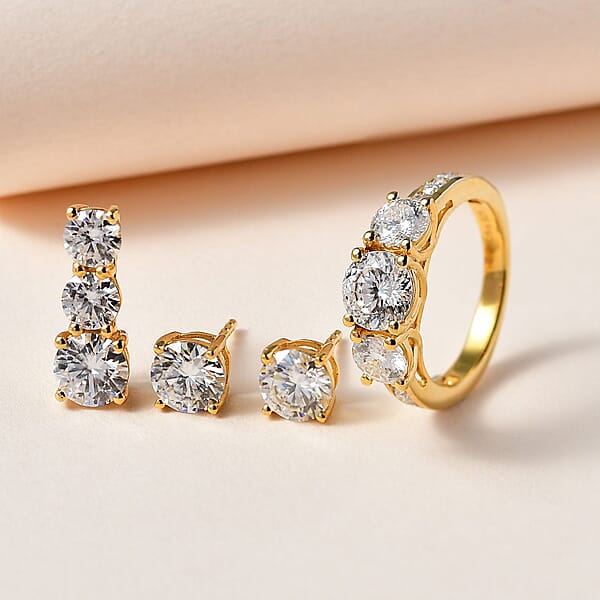120 Facet Moissanite (Rnd 6.5mm) Trilogy Ring Pendant Without Chain And Stud Earrings Jewelry Set For Women In Vermeil YG Over Sterling Silver 6.20 Ctw