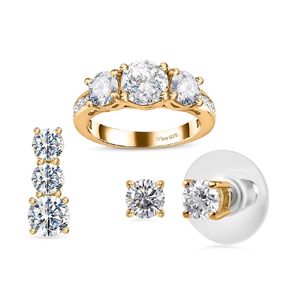 120 Facet Moissanite (Rnd 6.5mm) Trilogy Ring Pendant without Chain and Stud Earrings Jewelry Set For Women in Vermeil YG Over Sterling Silver 6.20 ctw