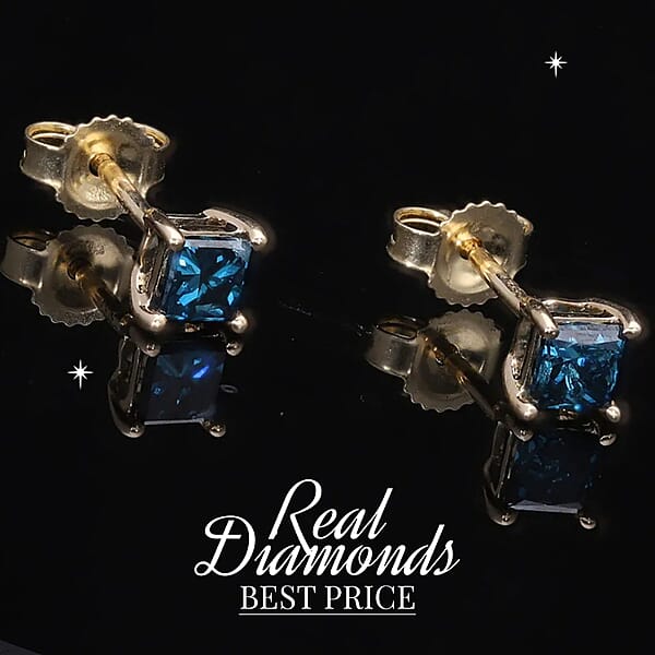 14K Yellow Gold Blue Diamond (IR) Square Stud Earrings 0.65 Ctw