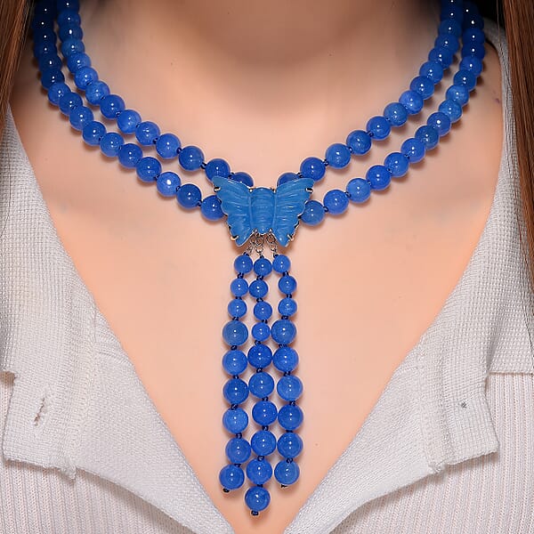 2 Piece Set - Blue Jade (D) 570 Ctw Carved Butterfly Pendant And 2 Row Beaded Necklace (18 Inches) In Rhodium Over Sterling Silver