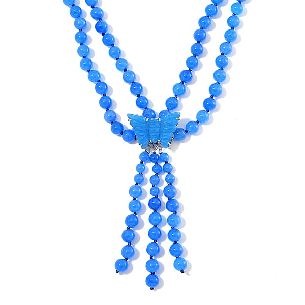 2 Piece Set - Blue Jade (D) 570 Ctw Carved Butterfly Pendant And 2 Row Beaded Necklace (18 Inches) In Rhodium Over Sterling Silver