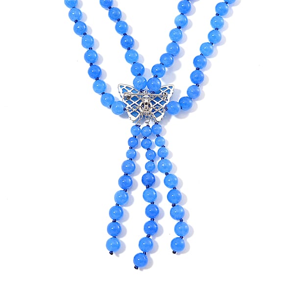 2 Piece Set - Blue Jade (D) 570 Ctw Carved Butterfly Pendant And 2 Row Beaded Necklace (18 Inches) In Rhodium Over Sterling Silver