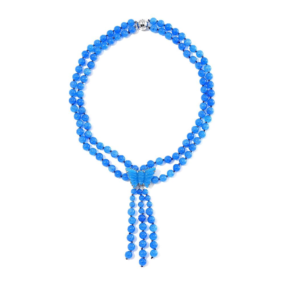 2 Piece Set - Blue Jade (D) 570 ctw Carved Butterfly Pendant and 2 Row Beaded Necklace (18 Inches) in Rhodium Over Sterling Silver