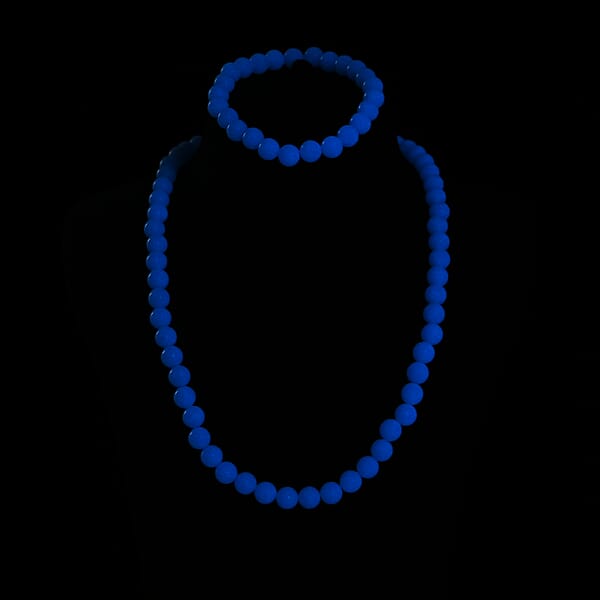 2 Piece Set Blue Luminous Glowing In Dark Beaded 210.00 Ctw Stretch Bracelet (6.5-7In) And Necklace 18-20 Inches In Stainless Steel