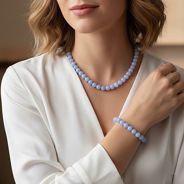 2 Piece Set Blue Luminous Glowing In Dark Beaded 210.00 Ctw Stretch Bracelet (6.5-7In) And Necklace 18-20 Inches In Stainless Steel