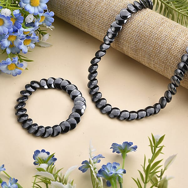 2 Piece Set Gray Hematite 557.00 Ctw Beaded Stretch Bracelet (7-7.5In) And Necklace 21-23 Inches In Silvertone