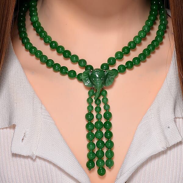 2 Piece Set - Green Jade (D) 570 Ctw Carved Butterfly Pendant And 2 Row Beaded Necklace 18 Inches In Rhodium Over Sterling Silver