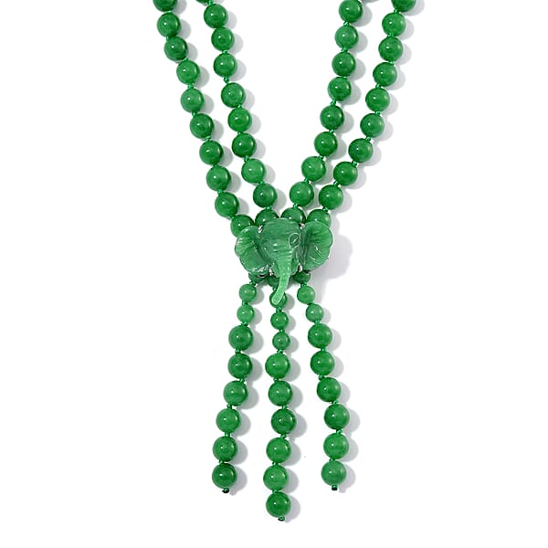 2 Piece Set - Green Jade (D) 570 Ctw Carved Butterfly Pendant And 2 Row Beaded Necklace 18 Inches In Rhodium Over Sterling Silver