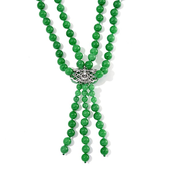 2 Piece Set - Green Jade (D) 570 Ctw Carved Butterfly Pendant And 2 Row Beaded Necklace 18 Inches In Rhodium Over Sterling Silver