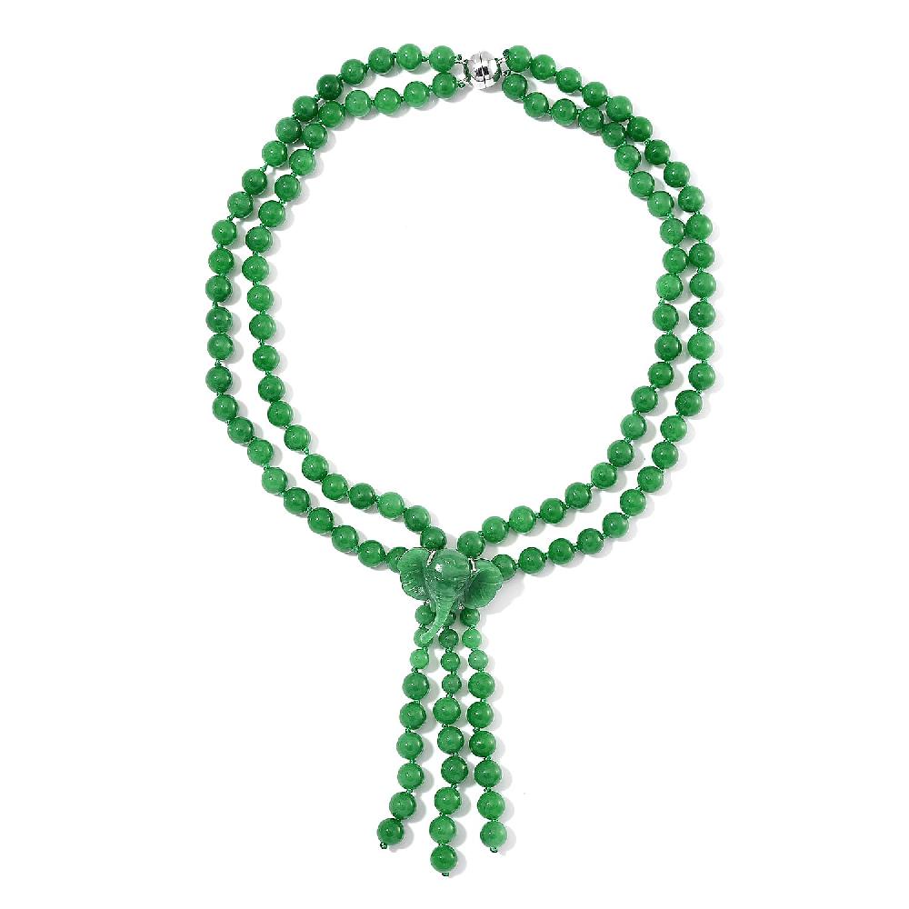 2 Piece Set - Green Jade (D) 570 ctw Carved Butterfly Pendant and 2 Row Beaded Necklace 18 Inches in Rhodium Over Sterling Silver