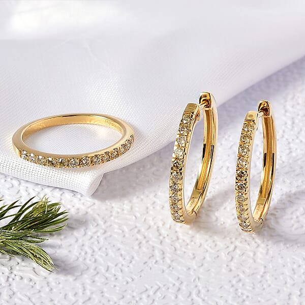 2 Piece Set Luxuriant Lab Grown Yellow Diamond SI 0.85 Ctw Band Ring And Hoop Earrings In 18K Vermeil Yellow Gold Over Sterling Silver