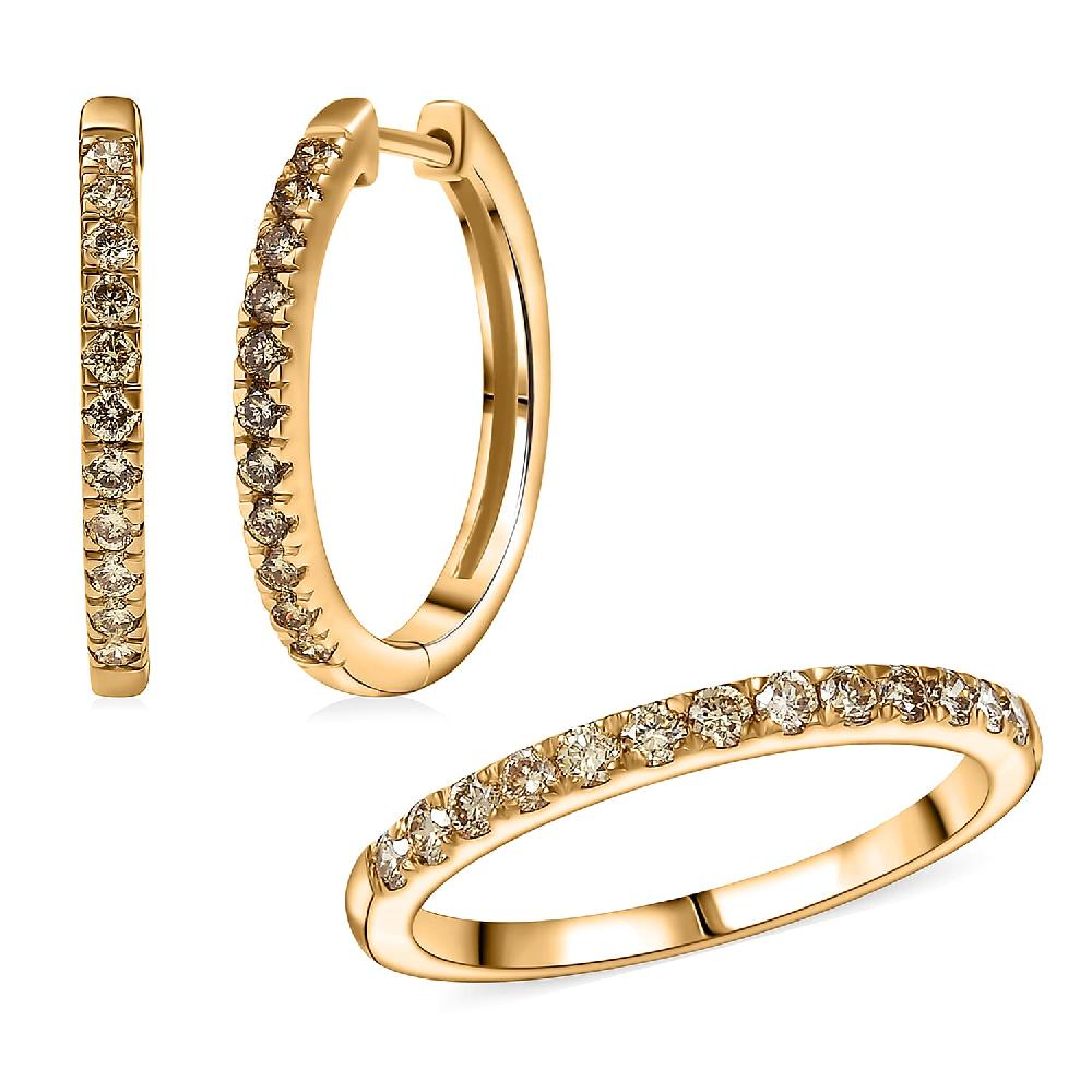 2 Piece Set Luxuriant Lab Grown Yellow Diamond SI 0.85 ctw Band Ring and Hoop Earrings in 18K Vermeil Yellow Gold Over Sterling Silver