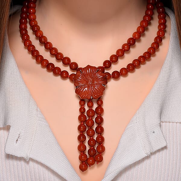 2 Piece Set - Red Jade (D) 570 Ctw Carved Butterfly Pendant And 2 Row Beaded Necklace 18 Inches In Rhodium Over Sterling Silver