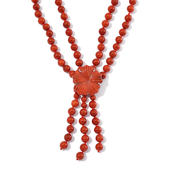 2 Piece Set - Red Jade (D) 570 Ctw Carved Butterfly Pendant And 2 Row Beaded Necklace 18 Inches In Rhodium Over Sterling Silver