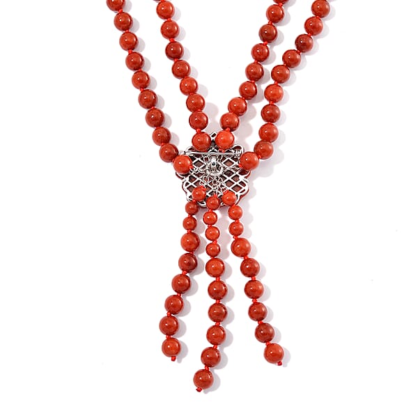 2 Piece Set - Red Jade (D) 570 Ctw Carved Butterfly Pendant And 2 Row Beaded Necklace 18 Inches In Rhodium Over Sterling Silver