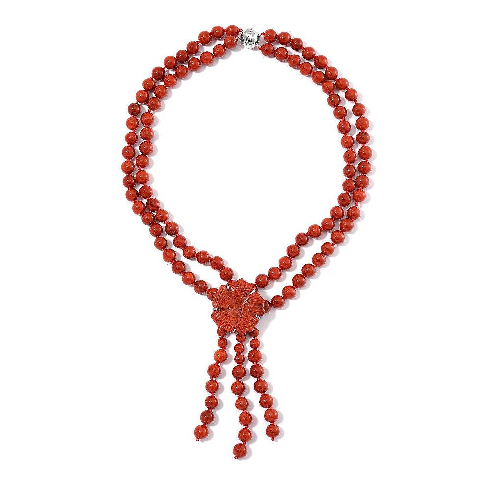 2 Piece Set - Red Jade (D) 570 ctw Carved Butterfly Pendant and 2 Row Beaded Necklace 18 Inches in Rhodium Over Sterling Silver