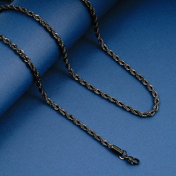 2 Piece Set - Rope Chain Bracelet (8-10In) And Necklace (23-25 Inches) In ION Plated Black Stainless Steel