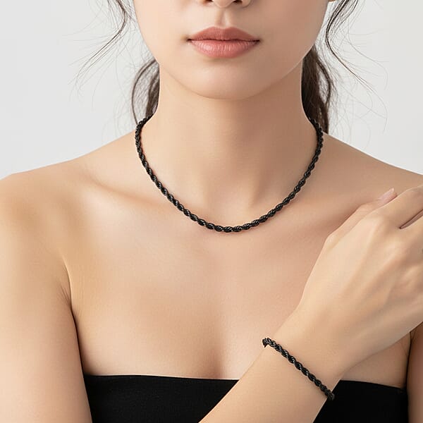 2 Piece Set - Rope Chain Bracelet (8-10In) And Necklace (23-25 Inches) In ION Plated Black Stainless Steel