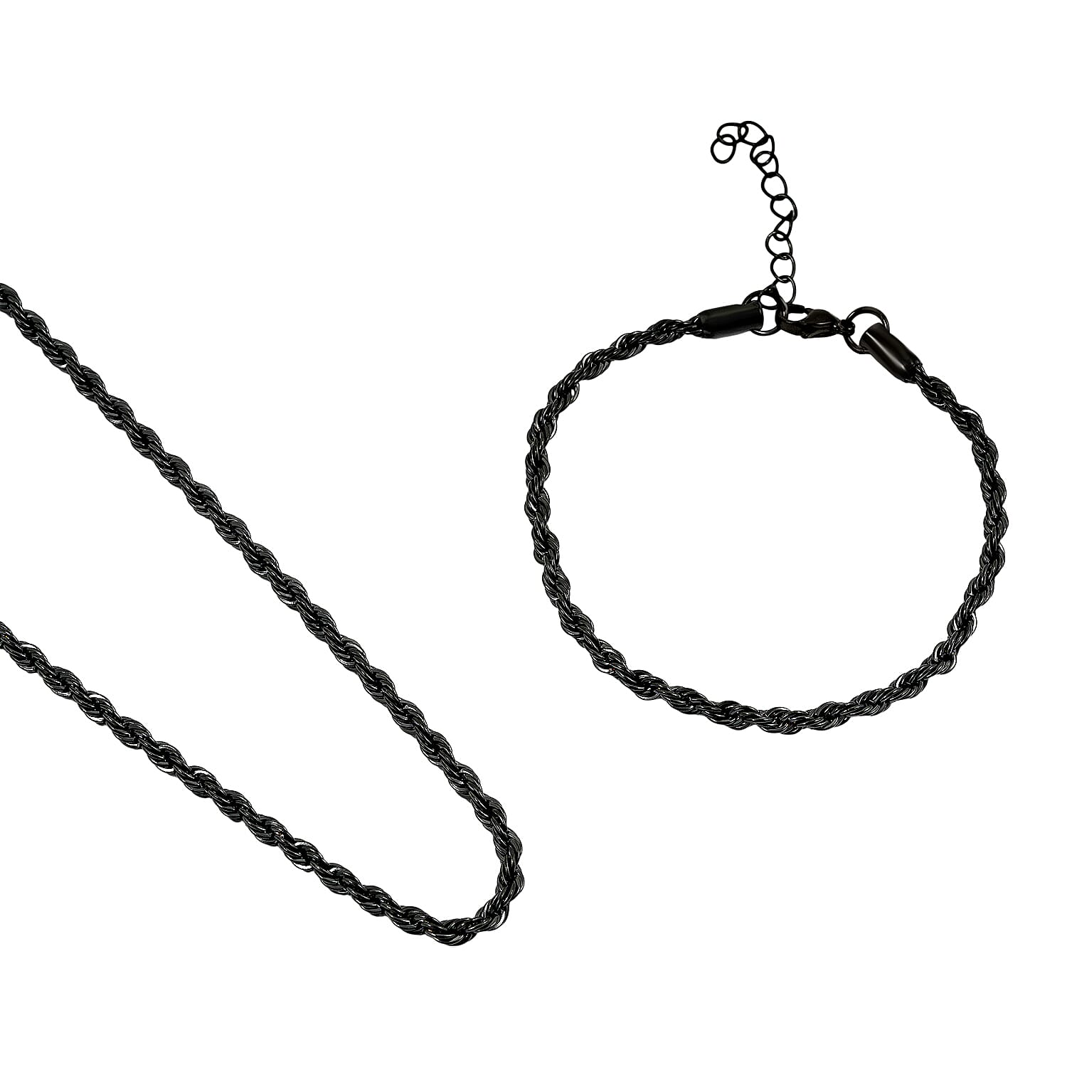 2 Piece Set - Rope Chain Bracelet (8-10In) and Necklace (23-25 Inches) in ION Plated Black Stainless Steel