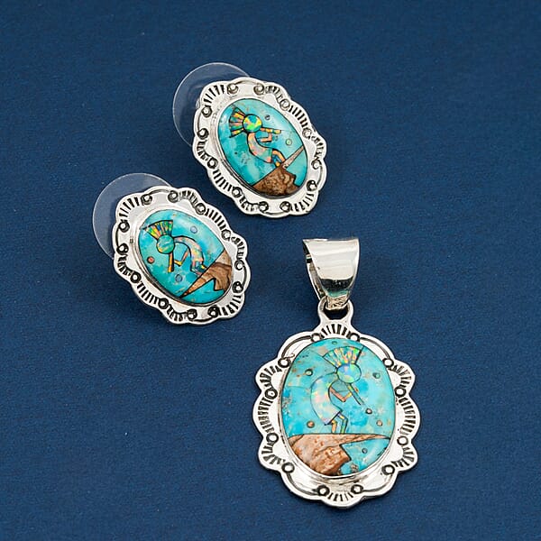 2 Piece Set - Santa Fe Style Kingman Turquoise And Multi Gemstone 5.25 Ctw Kokopelli Pendant Without Chain And Earrings In Sterling Silver