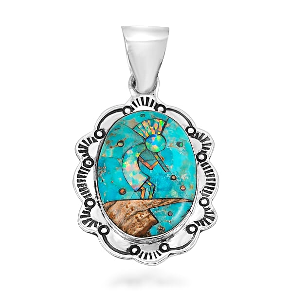2 Piece Set - Santa Fe Style Kingman Turquoise And Multi Gemstone 5.25 Ctw Kokopelli Pendant Without Chain And Earrings In Sterling Silver