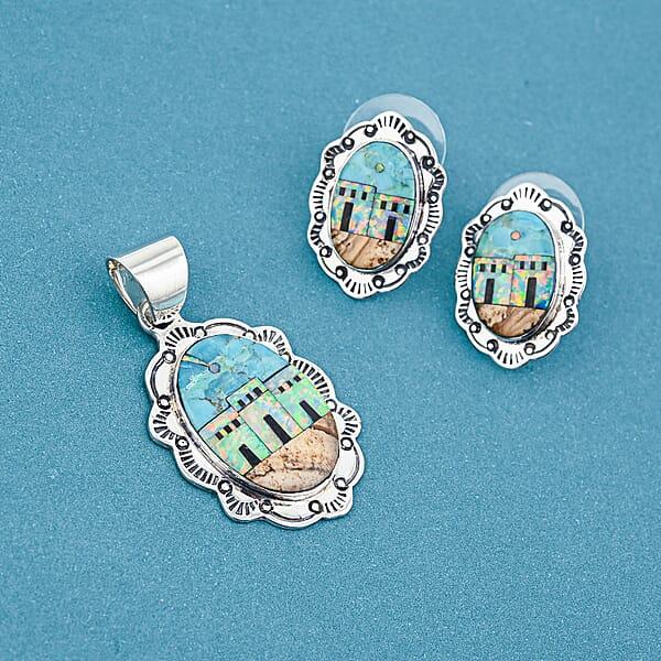 2 Piece Set - Santa Fe Style Kingman Turquoise And Multi Gemstone 5.25 Ctw Kokopelli Pendant Without Chain And Earrings In Sterling Silver