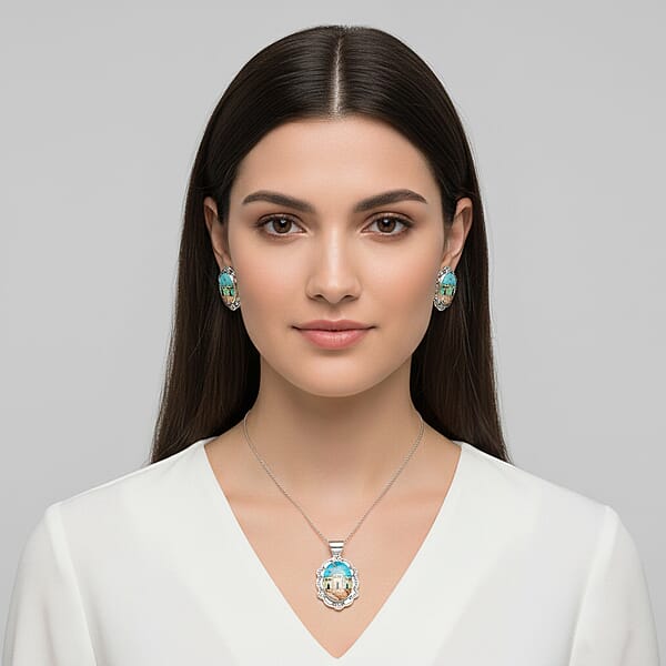 2 Piece Set - Santa Fe Style Kingman Turquoise And Multi Gemstone 5.25 Ctw Kokopelli Pendant Without Chain And Earrings In Sterling Silver