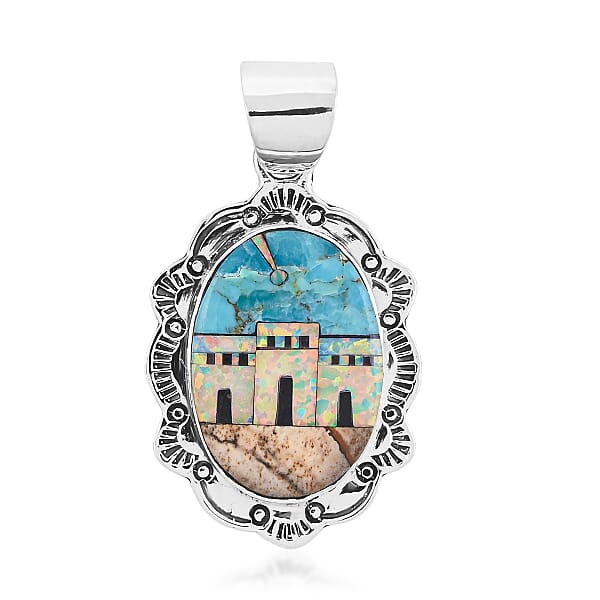 2 Piece Set - Santa Fe Style Kingman Turquoise And Multi Gemstone 5.25 Ctw Kokopelli Pendant Without Chain And Earrings In Sterling Silver