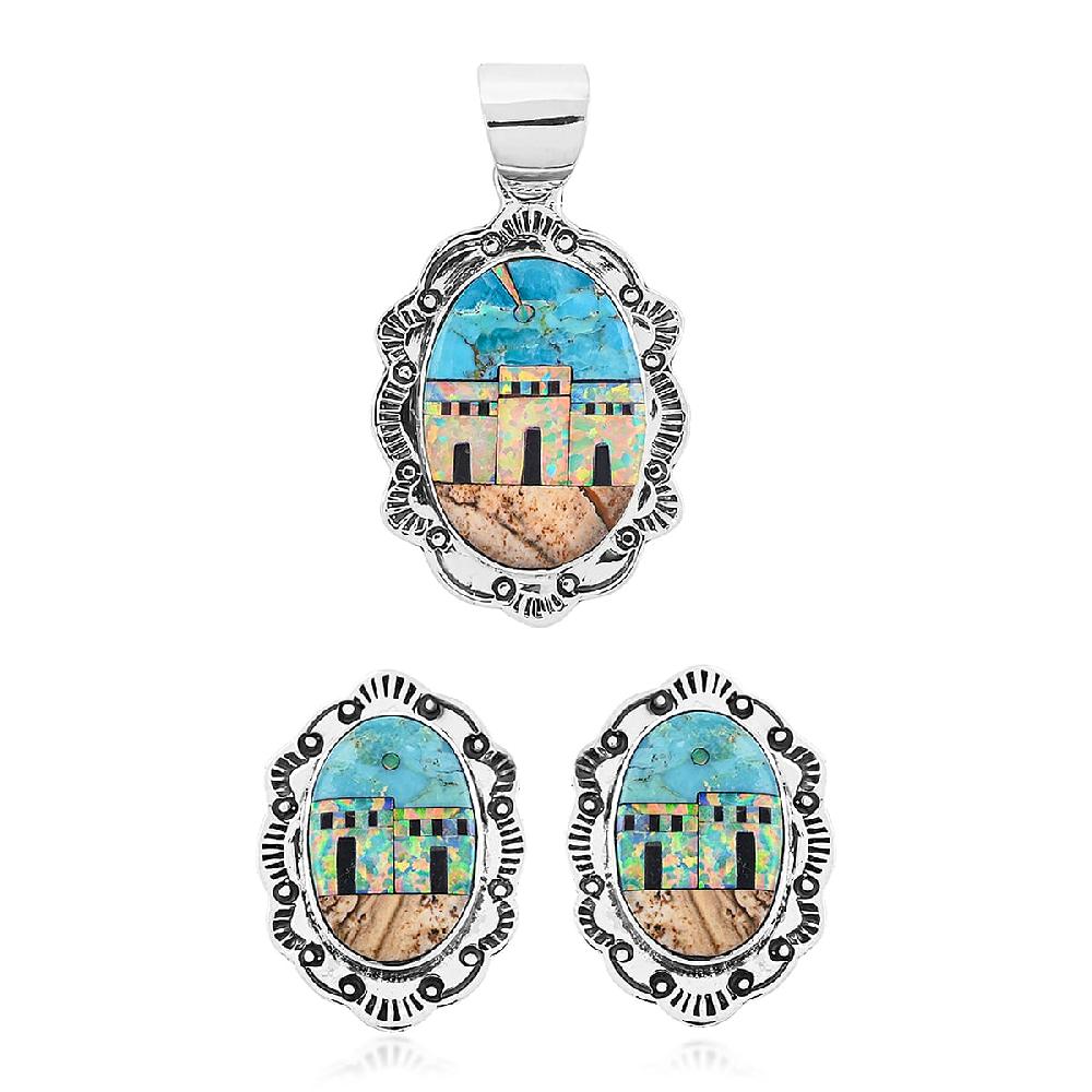 2 Piece Set - Santa Fe Style Kingman Turquoise and Multi Gemstone 5.25 ctw Kokopelli Pendant without Chain and Earrings in Sterling Silver