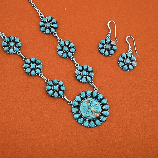 2 Piece Set - Santa Fe Style Kingman Turquoise And Multi Gemstone 15.30 Ctw Necklace 20 Inches And Earrings In Sterling Silver