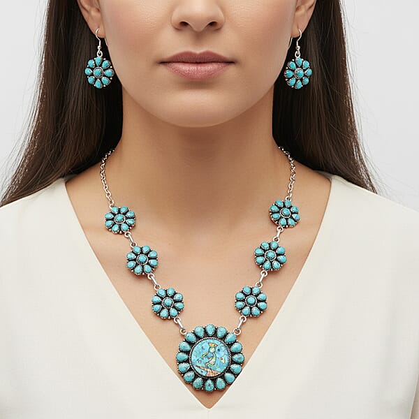 2 Piece Set - Santa Fe Style Kingman Turquoise And Multi Gemstone 15.30 Ctw Necklace 20 Inches And Earrings In Sterling Silver