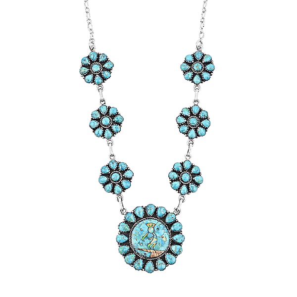 2 Piece Set - Santa Fe Style Kingman Turquoise And Multi Gemstone 15.30 Ctw Necklace 20 Inches And Earrings In Sterling Silver