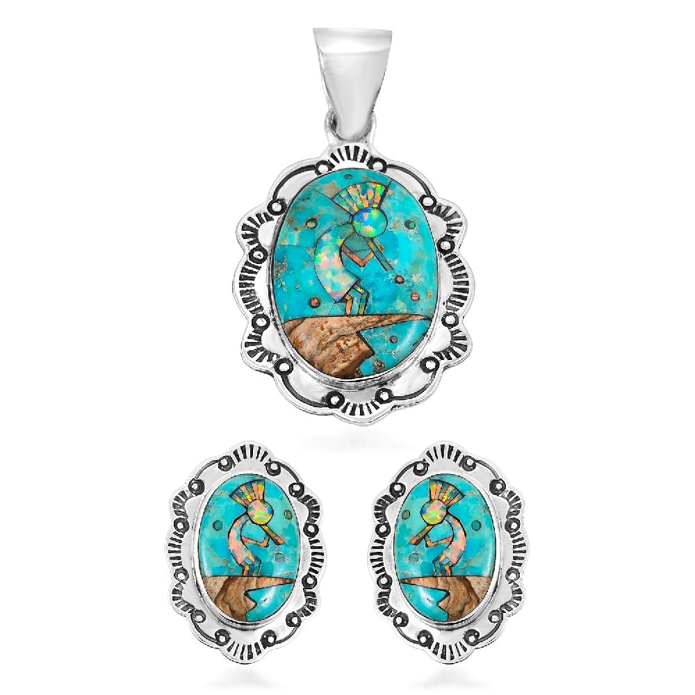 2 Piece Set - Santa Fe Style Kingman Turquoise and Multi Gemstone 5.25 ctw Kokopelli Pendant without Chain and Earrings in Sterling Silver