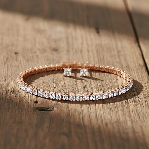 2 Piece Set - Simulated Diamond 5.60 Ctw Tennis Bracelet (7.50 In) And Earrings In Rosetone