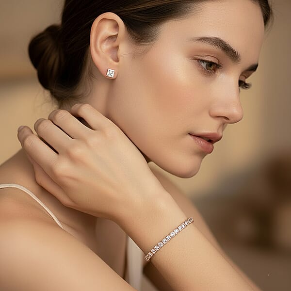 2 Piece Set - Simulated Diamond 5.60 Ctw Tennis Bracelet (7.50 In) And Earrings In Rosetone
